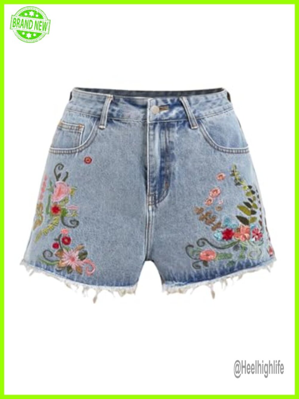 High Waist Floral Embroidered Jean Shorts Raw Trim Straight Leg